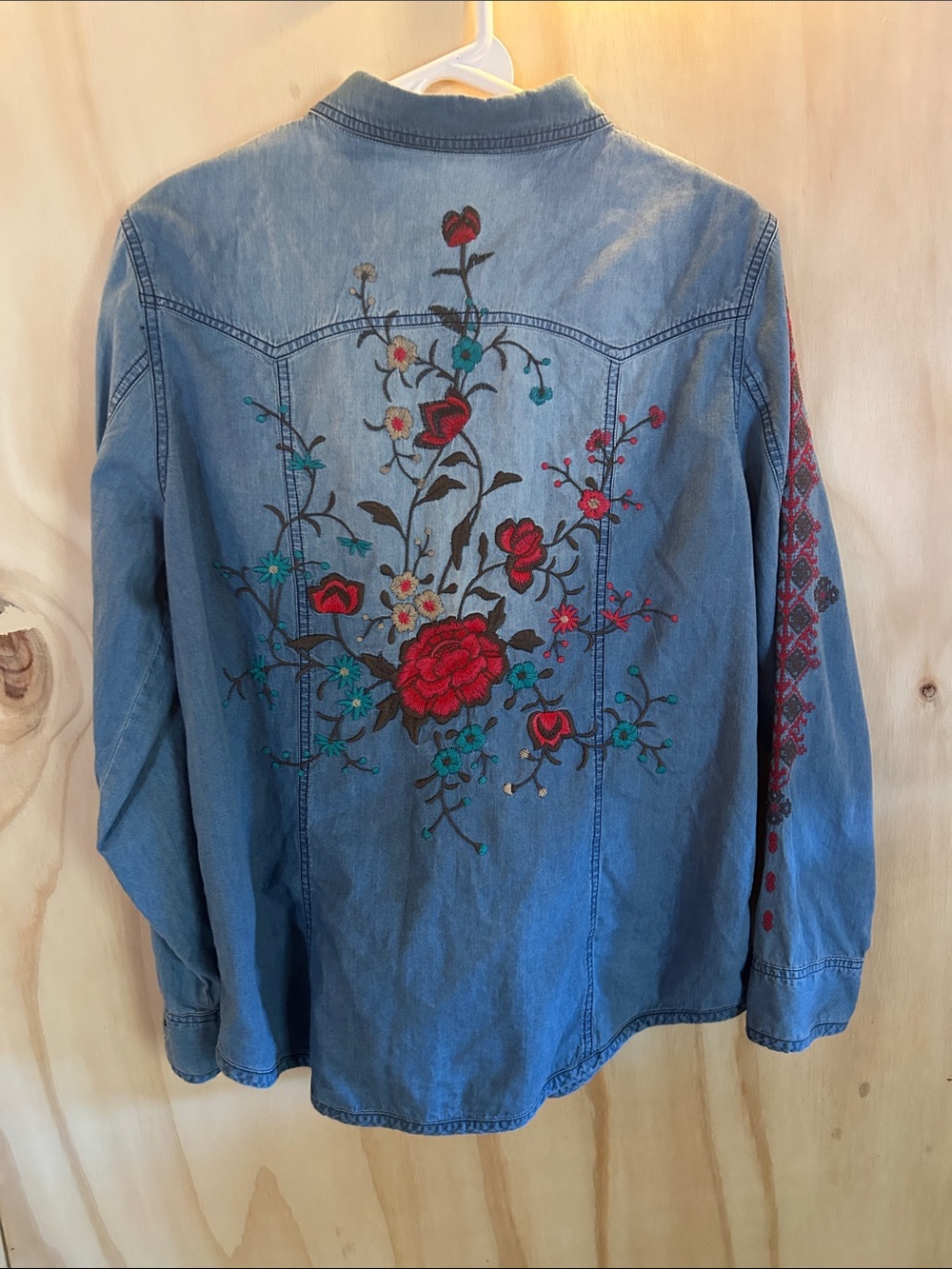 Tasha Polizzi Embroidered Floral Denim Jacket - Blue with Red Accents